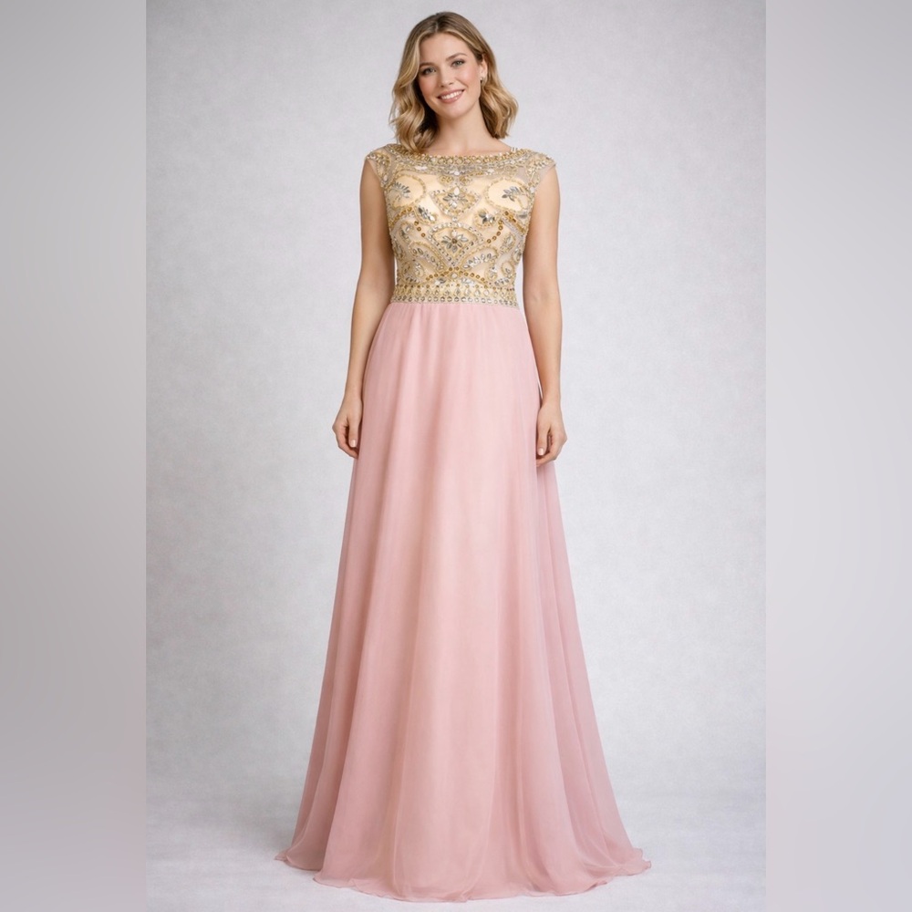 Formal Evening Gown Prom Dress Sz M (10) Blush Pink Gold Beaded Bodice Prom #C